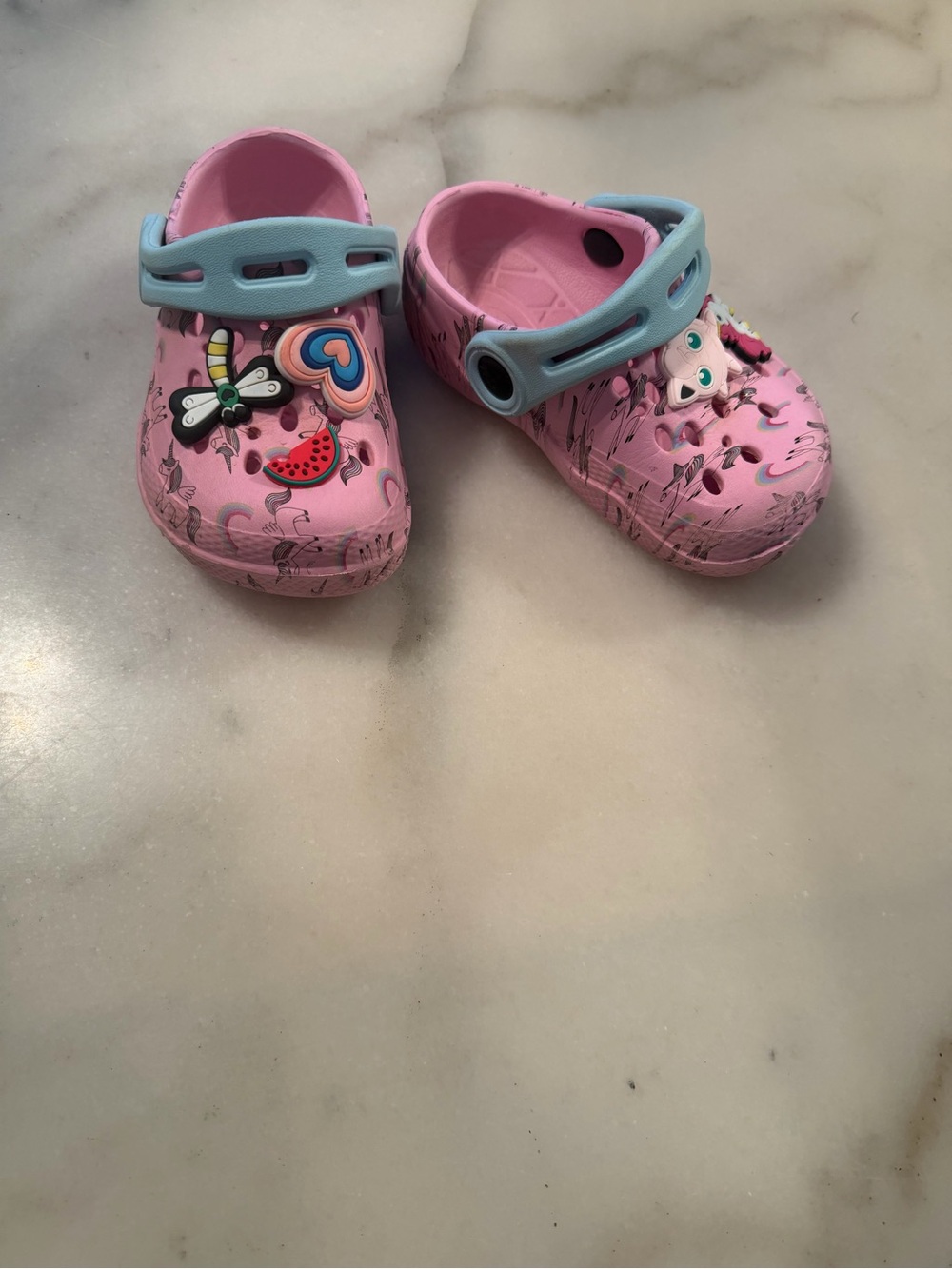 Kids' Pink Slip-On Sandals with Light Blue Heel Strap and Charm Accents